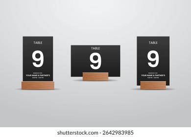 Black Table Number 9 Card Mockup with Wooden Stand – Vertical and Horizontal Layout