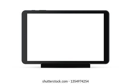 Black tablet computer with blank screen on stand isolated on white background. Vector illustration