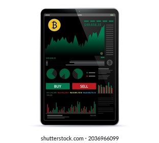 Pantalla de aplicación Black Tablet Computer with Crypto Currency Online Trading and Finance. plantilla de diseño de interfaz de usuario para el fondo del tema oscuro.