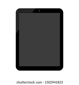 black tablet computer with front selfie camera and blank dark screen isolated on white background. vector illustration  