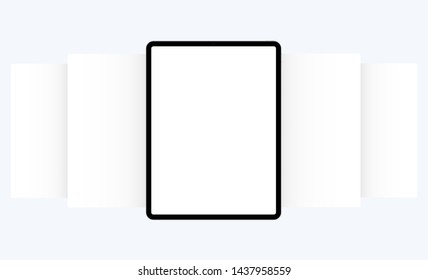 Black tablet computer mock up with blank web wireframing pages. Modern concept for showcasing web-design projects. Vector illustration