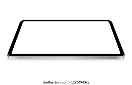 Black tablet computer mockup with perspective view isolated on white background. Vector illustration