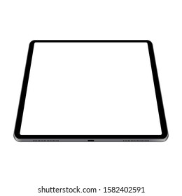 Black tablet computer mockup with perspective vertical view isolated on white background. Vector illustration