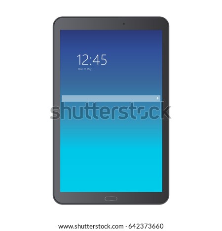 Black tablet computer Samsung Galaxy Tab with blue screen isolated. Screen with search bar, clock and date. Vector illustration