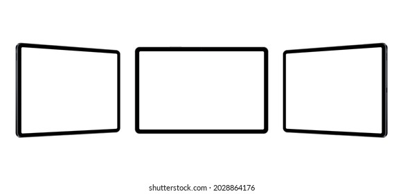 Black Tablet Computers Mockups With Blank Horizontal Screens Isolated On White Background. Vector Illustration