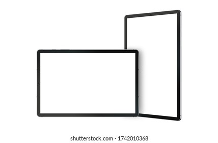 Black tablet computers mockups with horizontal and vertical screens, isolated on white background. Vector illustration