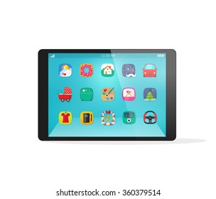 Black tablet device vector mockup template with app icons on touch screen in flat style, modern interface, smart technology, realistic illustration design isolated on white background