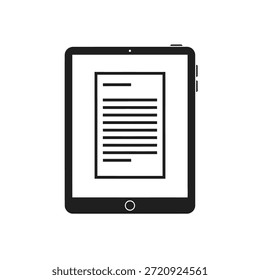 Black tablet displaying a document with text lines