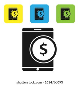 Black Tablet with dollar symbol icon isolated on white background. Online shopping concept. Financial mobile phone. Online payment. Set icons colorful square buttons. Vector Illustration