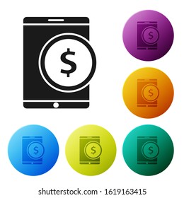 Black Tablet with dollar symbol icon isolated on white background. Online shopping concept. Financial mobile phone. Online payment. Set icons colorful circle buttons. Vector Illustration