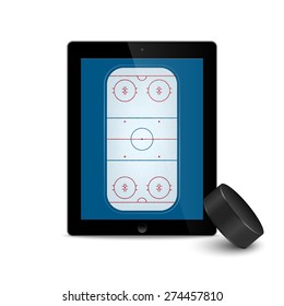 Black tablet with ice hockey puck and field on the screen. Vector EPS10 illustration. 