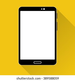 Black tablet icon with white touch screen isolated on the yellow background, flat design, empty screen, web design, vector, eps 10