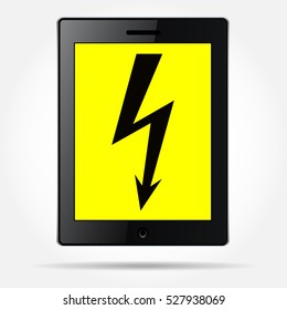 Black tablet with the image of black lightning on a yellow background of the monitor. The sign of the electric voltage. Safety and maintenance of modern electronic devices. Vector Image.