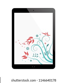 black tablet in ipad style with  Floral Ornament on screen isolated on white background. vector illustration.