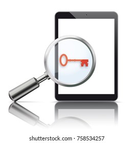 Black tablet with loupe and red key on the white background. Eps 10 vector file. 