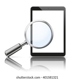 Black tablet with loupe and shadows on the white background. 