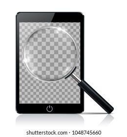 Black tablet with magnifying glass - stock vector