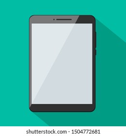 Black tablet on green background with shadow. Flat design technology illustration 