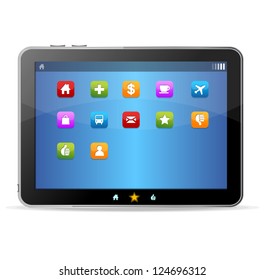 Black tablet on white background and icons