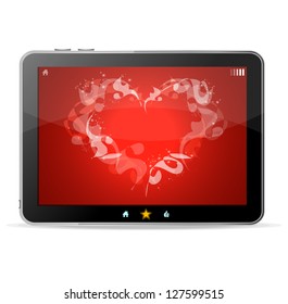 Black tablet on white background ang heart on red