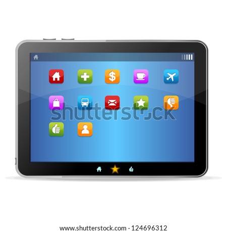 Black tablet on white background and icons