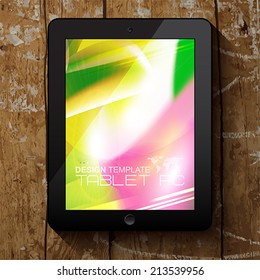 Black tablet PC with blurred background.  Isolated on wooden background.  Vector illustration.
