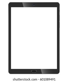 Black tablet pc front view isolated on white background. Slate vector mockup with blank screen.