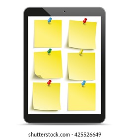 Black tablet pc with yellow stickers and shadows on the white background. 