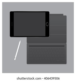 Black Tablet Pro with Keyboard Case and Pen Vector Illustration