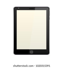 Black tablet, realistic, with camera, yellow-gray blank screen, bright monitor, power and sound buttons, center key, highlight and shadow, white background, isolated object