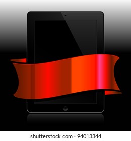 black tablet with red ribbon on black