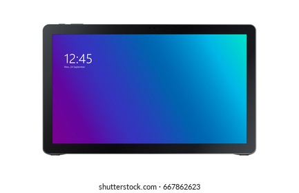 Black tablet Samsung Galaxy View with colourful violet-blue screen isolated on white background. Screen with clock and date. Vector illustration