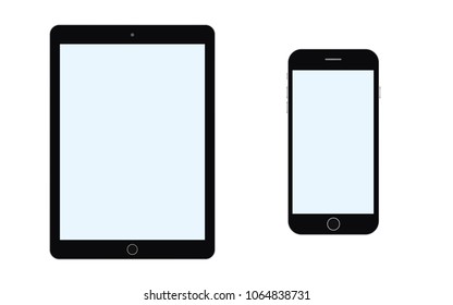 Black Tablet and smartphone with blue screen set vector eps10. Smartphone  and tablet  icon set. Black with blue screen smartphone and tablet