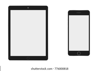 Black tablet and smartphone with grey screen vector eps10. Smartphone and  tablet set vector eps10. Realistic front view tablet and smartphone black color.