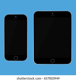Black tablet and black smartphone with black screen on blue background vector eps10. Smartphone and mobile phone set icon.
