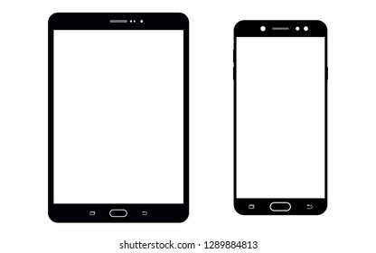 Black tablet and smartphone set with white screen isolated on white. Black tablet and smartphone top, vector set. Blank screen smartphone and tablet.