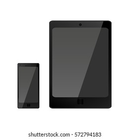 black tablet and smartphone vector mockup, phone and tablet realistic 3d template, vector illustration.