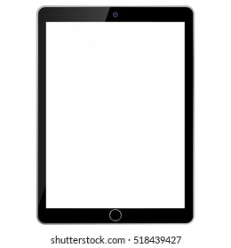 Black Tablet with white screen on white background. Front view tablet with white empty screen. Tablet with camera and menu button.