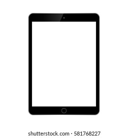 Black tablet with white screen on white background.  tablet with empty white screen computer. Front view tablet.