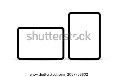 Black Tablets Mockups, Vertical and Horizontal Screens, Isolated on White Background. Vector Illustration