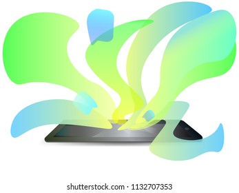 Black tablet/smartphone with green streams of data and messages flowing from it. Vector eps10. 