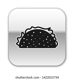 Black Taco with tortilla icon isolated on white background. Traditional mexican fast food. Silver square button. Vector Illustration