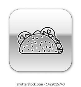 Black Taco with tortilla icon isolated on white background. Traditional mexican fast food. Silver square button. Vector Illustration