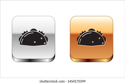 Black Taco with tortilla icon isolated on white background. Traditional mexican fast food menu. Silver-gold square button. Vector Illustration