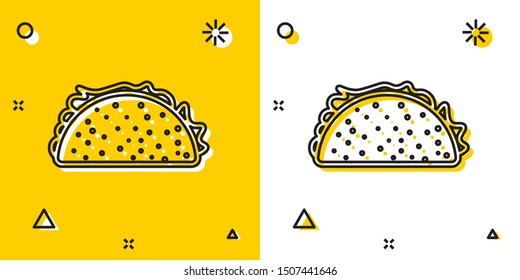 Black Taco with tortilla icon isolated on yellow and white background. Traditional mexican fast food. Random dynamic shapes. Vector Illustration