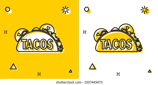 Black Taco with tortilla icon isolated on yellow and white background. Traditional mexican fast food. Random dynamic shapes. Vector Illustration