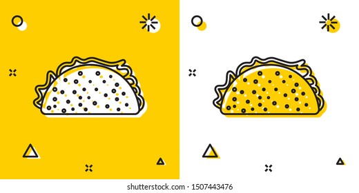Black Taco with tortilla icon isolated on yellow and white background. Traditional mexican fast food. Random dynamic shapes. Vector Illustration