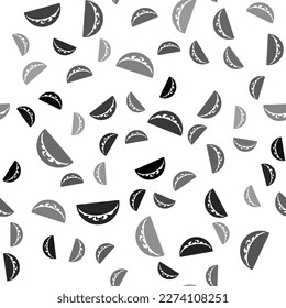 Black Taco with tortilla icon isolated seamless pattern on white background. Traditional mexican fast food menu.  Vector