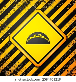 Black Taco with tortilla icon isolated on yellow background. Traditional mexican fast food menu. Warning sign. Vector