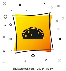 Black Taco with tortilla icon isolated on white background. Traditional mexican fast food menu. Yellow square button. Vector